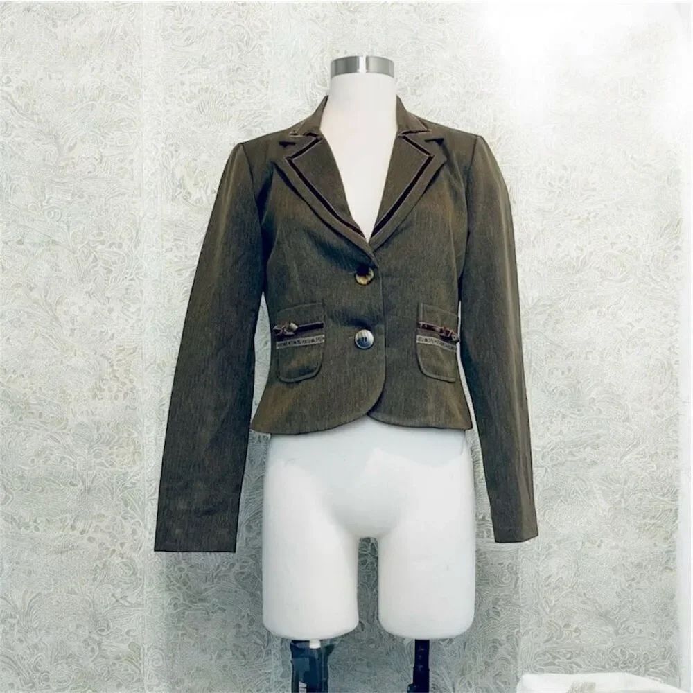 Rampage Brown Herringbone Bow Velvet Blazer Jacket Medium M Patch